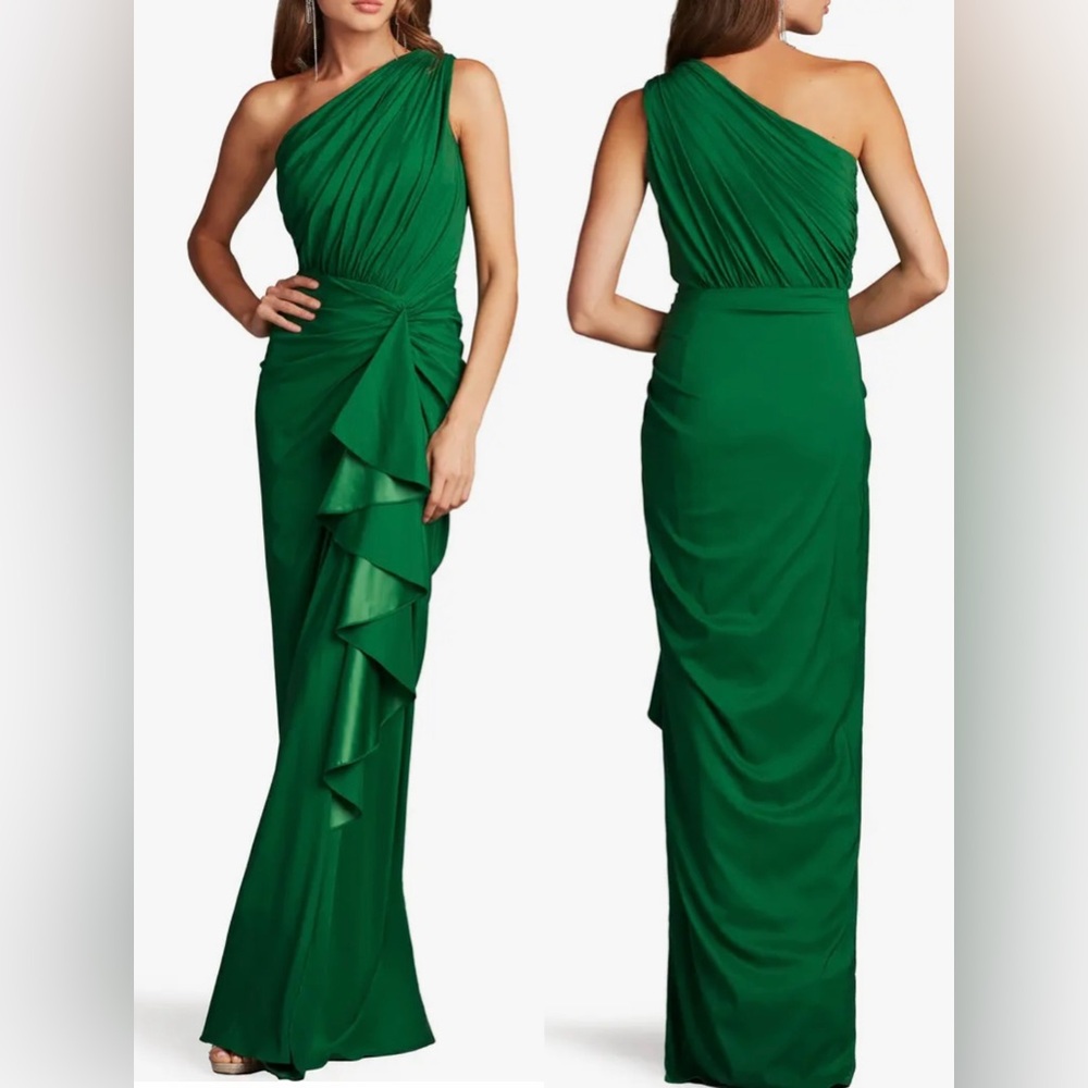 NEW Tadashi Shoji LENA one shoulder ruffle drape Bamboo Green GOWN Sz 10